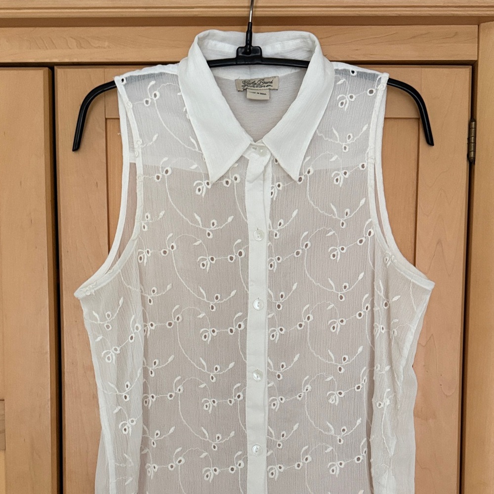 LUCKY BRAND White Semi-sheer Sleeveless Embroidered Top